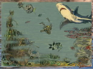 обоя рисованные, животные, морская, фауна, акула, рыба