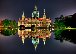 Картинка hannover rathaus города огни ночного germany отражение