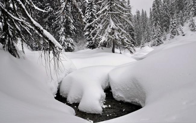 Обои картинки фото природа, зима, ручей, вода, деревья, лес, сугробы, снег