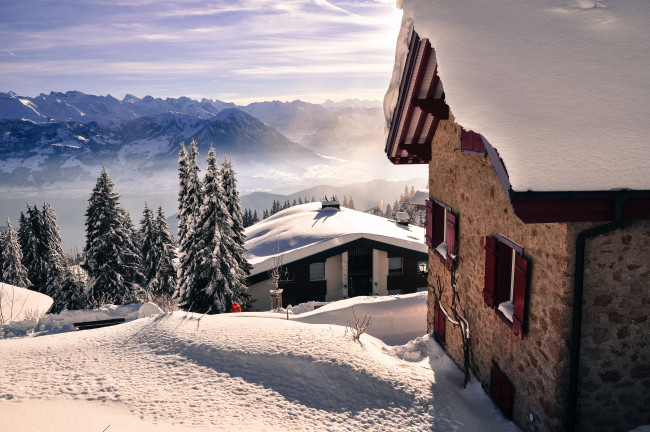 Обои картинки фото природа, зима, швейцария, снег, горы, ели, домики, пейзаж, switzerland