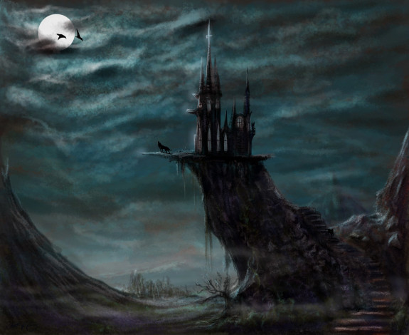 Обои картинки фото фэнтези, замки, полная, оборотень, волк, замок, утес, луна
