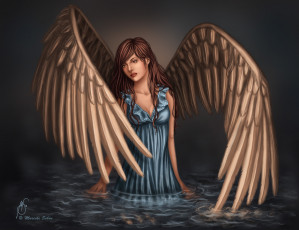 Картинка фэнтези ангелы лицо взгляд голубое платье крылья ангел девушка отражение вода