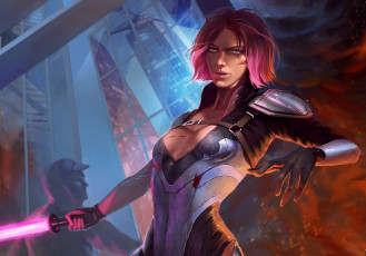Картинка фэнтези девушки взрыв взгляд розовые волосы девушка лазер меч фантастика