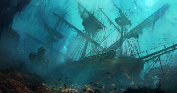 Картинка фэнтези корабли под водой корабль на дне art дно море
