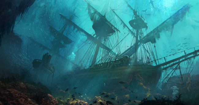 Обои картинки фото фэнтези, корабли, под, водой, корабль, на, дне, art, дно, море