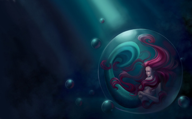 Обои картинки фото фэнтези, русалки, пузырь, плавник, хвост, красные, волосы, русалка, арт, фантастика, море
