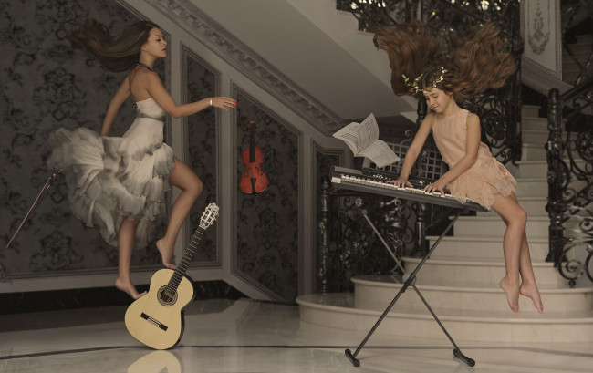 Обои картинки фото разное, компьютерный дизайн, лестница, скрипка, девушка, взгляд, полет, гитара, девочка
