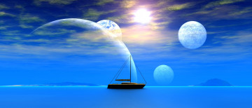 обоя 3д графика, атмосфера, настроение , atmosphere ,  mood , планеты, море, яхта