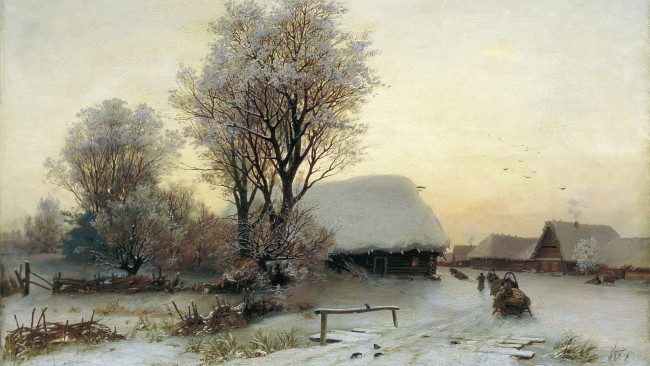 Обои картинки фото на краю деревни, рисованное, - другое, избы, снег, лошади, сани, деревня, зима