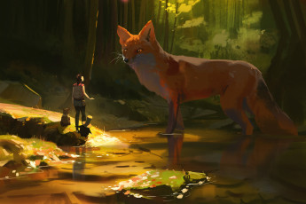 Картинка фэнтези существа лис девушка лес озеро