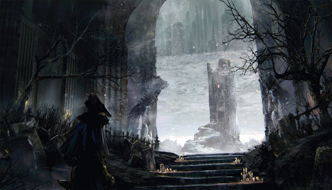 Обои картинки фото souls, видео игры, ---другое, человек, могилы, ступени, свечи, арка, замок