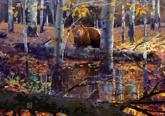 Картинка рисованное животные +медведи лес осень медведь лужа