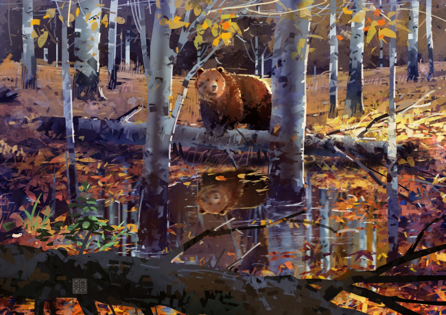 Обои картинки фото рисованное, животные,  медведи, лес, осень, медведь, лужа