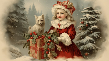 обоя рисованное, дети, зима, лес, кошка, кот, листья, шарики, снег, ветки