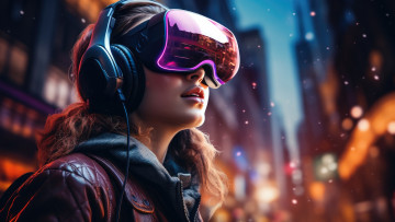 Картинка 3д+графика люди+ people девушка ночь лицо город наушники боке информационные технологии очки виртуальной реальности