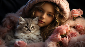 Картинка 3д+графика люди+и+животные+ people+and+animals кошка взгляд цветы котенок портрет розы девочка ии-арт