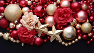 Картинка праздничные -+разное+ новый+год шарики звезда розы рождество красные новый год ёлочные игрушки новогодние украшения