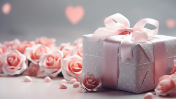 обоя праздничные, подарки и коробочки, цветы, праздник, подарок, сердце, розы, розовые, серая, россыпь