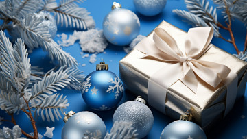 обоя праздничные, подарки и коробочки, шарики, голубые, рождество, подарки, новый, год, синие, ёлочные, игрушки, новогодние, украшения