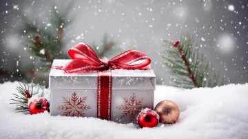 обоя праздничные, подарки и коробочки, зима, шарики, снег, снежинки, ветки, красный, природа, подарок