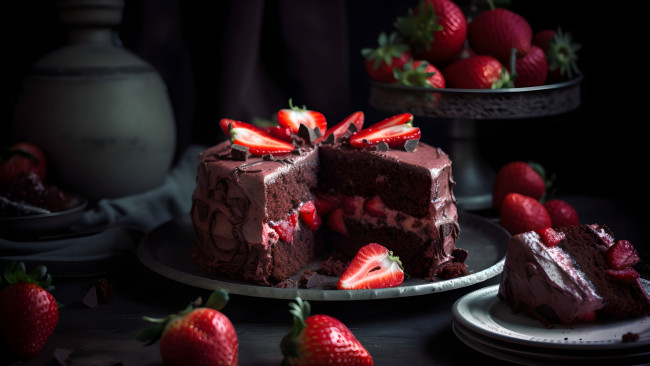 Обои картинки фото комп,  дизайн, разное, компьютерный дизайн, ягоды, темный, фон, клубника, торт, десерт, шоколадный, нейросеть