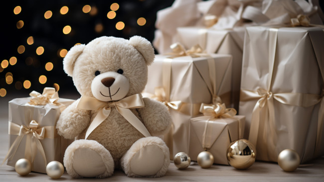 Обои картинки фото праздничные, мягкие игрушки, игрушка, медведь, рождество, мишка, подарки, новый, год, медвежонок, тедди