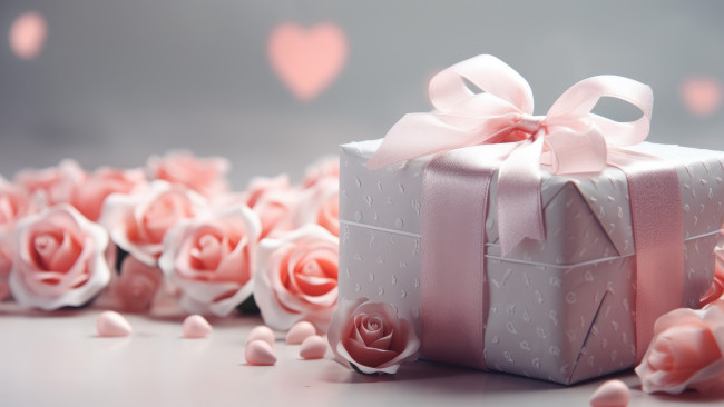 Обои картинки фото праздничные, подарки и коробочки, цветы, праздник, подарок, сердце, розы, розовые, серая, россыпь