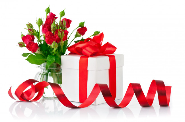 Обои картинки фото праздничные, подарки и коробочки, бант, розы, красный, лента, коробка