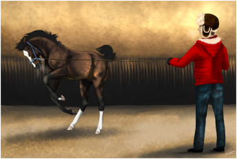 Картинка рисованное животные +лошади ипподром тренировка лошадь жокей