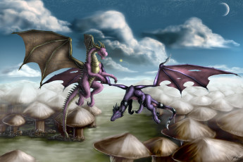 Картинка рисованное животные +сказочные +мифические полет облака драконы