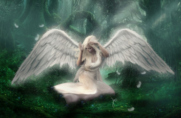 Картинка фэнтези ангелы грусть слезы крылья девушка ангел лес