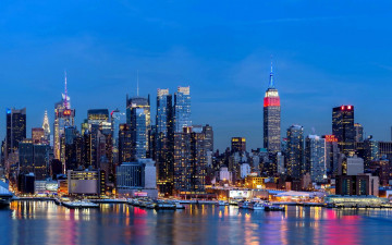Картинка города нью-йорк+ сша город огни река панорама здания дома