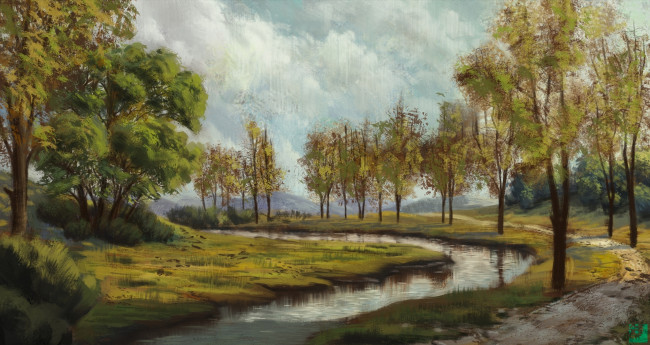 Обои картинки фото рисованное, природа, пейзаж, река, деревья, облака