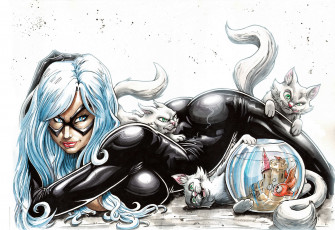 Картинка рисованное комиксы униформа взгляд девушка аквариум кошка фон маска