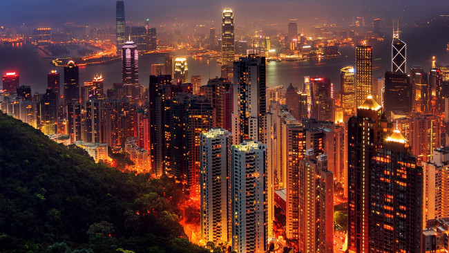 Обои картинки фото города, гонконг , китай, вид, на, ночной, гонконг