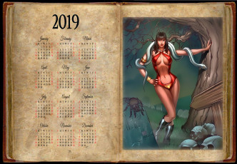 обоя календари, фэнтези, череп, паук, девушка, питон, змея