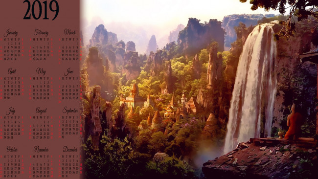 Обои картинки фото календари, фэнтези, водопад, природа, здание
