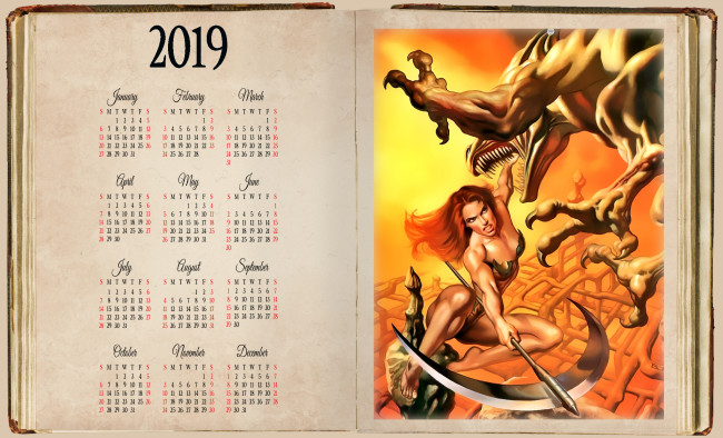 Обои картинки фото календари, фэнтези, воительница, девушка, оружие, монстр, существо