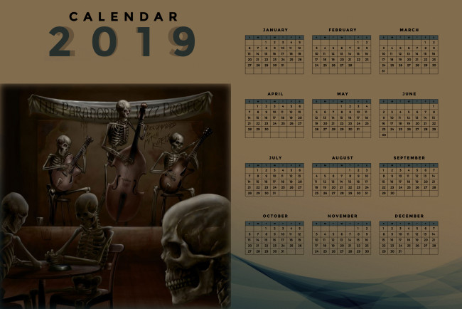 Обои картинки фото календари, фэнтези, скелет, гитара, контрабас