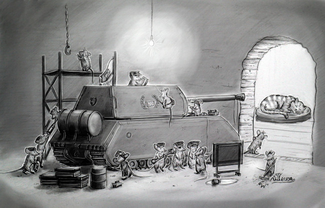 Обои картинки фото юмор и приколы, кот, мыши, нора, танк, война