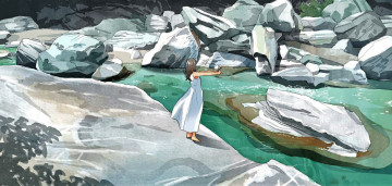 Картинка аниме пейзажи +природа девушка река камни