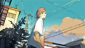 Картинка аниме город +улицы +интерьер +здания девушка провода дома