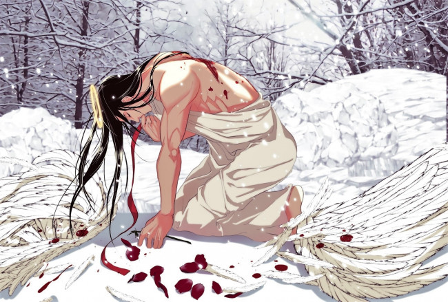 Обои картинки фото аниме, mo dao zu shi, лань, ванцзи, ангел, крылья, кровь, снег