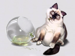 Картинка рисованное животные +коты кот рыбки аквариум
