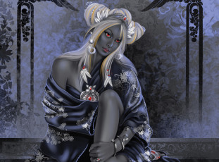 Картинка фэнтези эльфы сидя украшения халат темнокожая эльфийка дроу