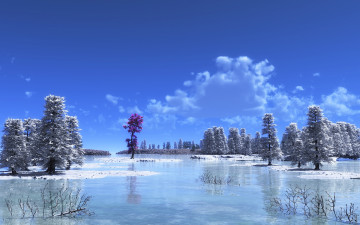 Картинка 3д графика nature landscape природа облака снег замерзшее озеро деревья
