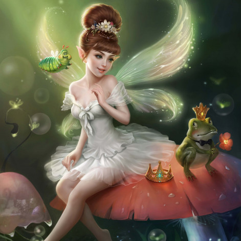 Обои картинки фото фэнтези, феи, фея, гусеница, лягушка, fairy, гриб, корона