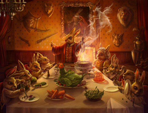 Обои картинки фото фэнтези, существа, зайцы, кролики, семейка, обед, трофеи, картина