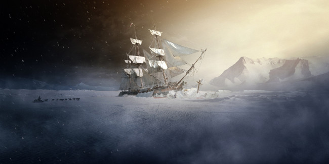 Обои картинки фото корабли, рисованные, холод, упряжка, корабль, льды, парусник, собаки, человек