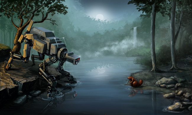 Обои картинки фото фэнтези, роботы, киборги, механизмы, деревья, робот, бобёр, река, водопад